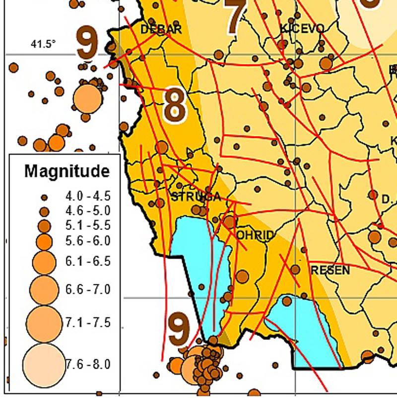 Максимална појавена и очекувана магнитуда и интензитет на земјотреси во ЈЗ дел на Македонија (според Јанчевски, 1987; Арсовски, 1997 и др.).
