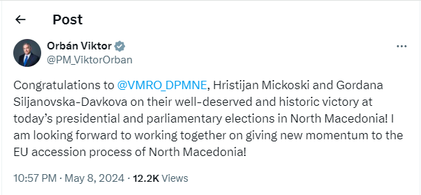 Орбан им ја честиташе победата на Силјановска и Мицкоски: Очекувам да работиме заедно за влез на Северна Македонија во ЕУ