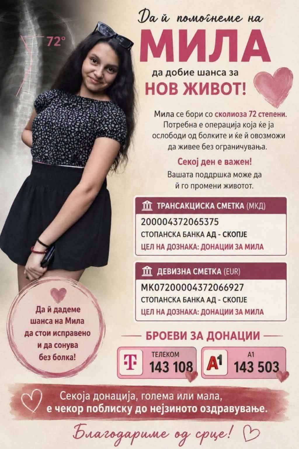 Апел за помош: Потребни се 30.000 евра за Мила да добие нова шанса за живот